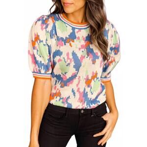 NEW AAPPARELLA abstract print short sleeve sweater top in beige multi